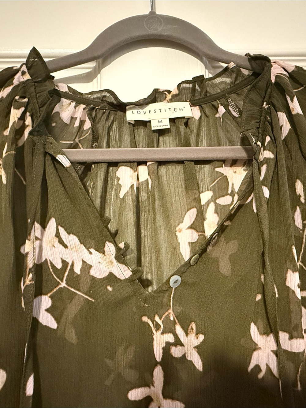 lovestitch Olive Green Floral Sheer Blouse with Soft Pink Print